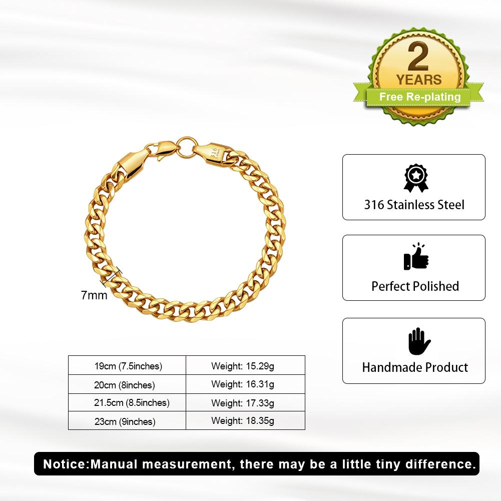 Polished 7mm Multi Color Cuban Chain Bracelet 316 Stainless Steel Silver 18K Gold Plated Black Plated Unisex Wrist Bracelet