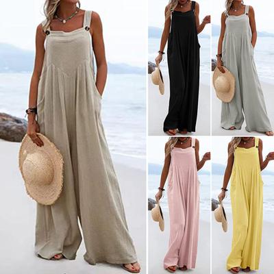 Women Romper Solid Color Ethnic Type Loose Wide Leg Deep Crotch Summer Jumpsuit Daily Clothes