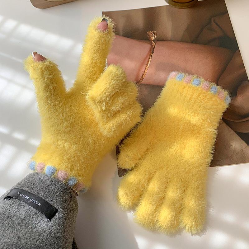 Cute Jelly Bean Fingerless Touch Screen Plush Five Finger Gloves for Women To Keep Warm in Winter and Velvet Thickened for Cycling Students