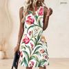 Women Plus Size Sleeveless Round Neck Ring Keyhole White Floral Printed A Line Dress