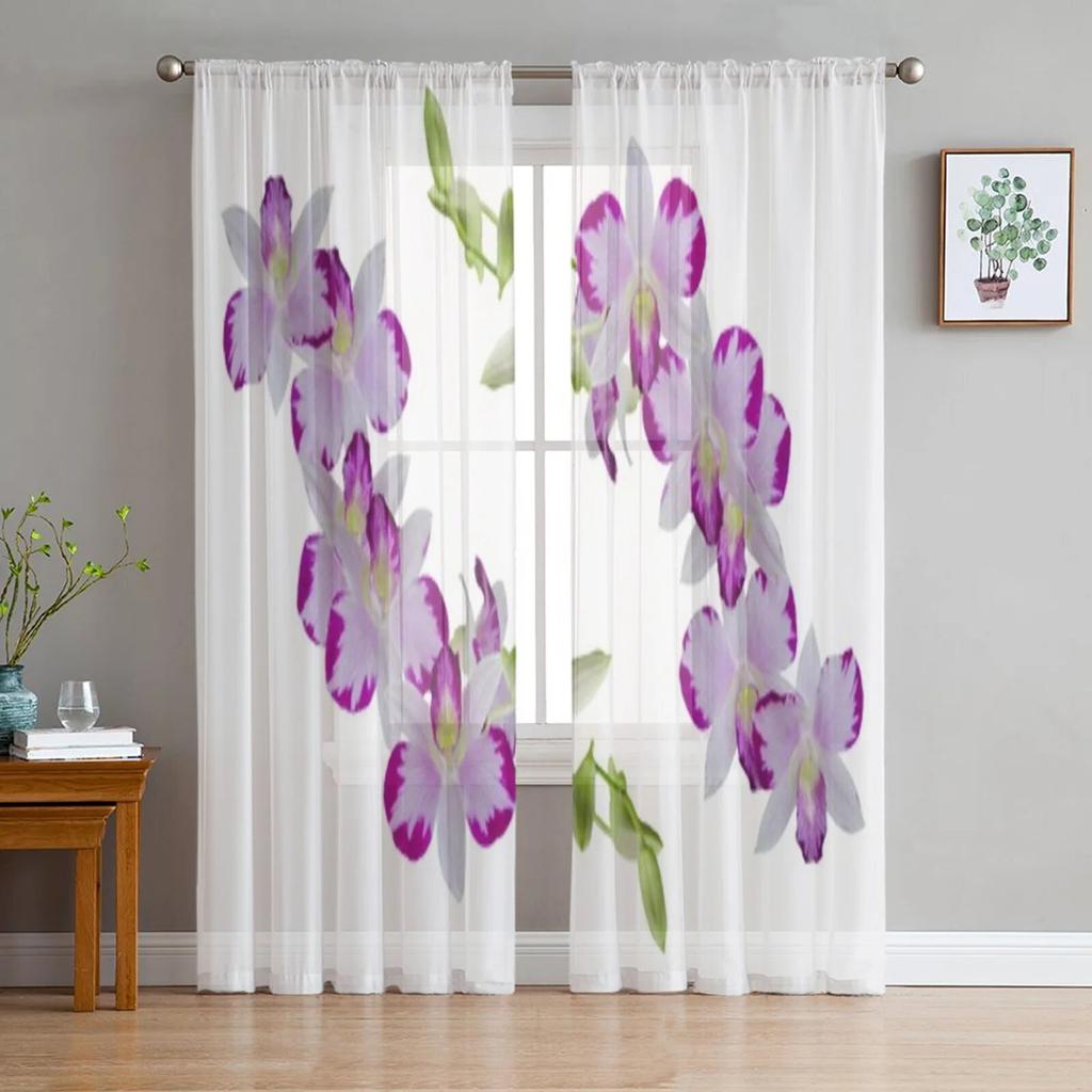 Flower Pink Orchid Reflection Sheer Curtains for Girl Kids Bedroom Kitchen Window Drapes Curtain Home Decoration