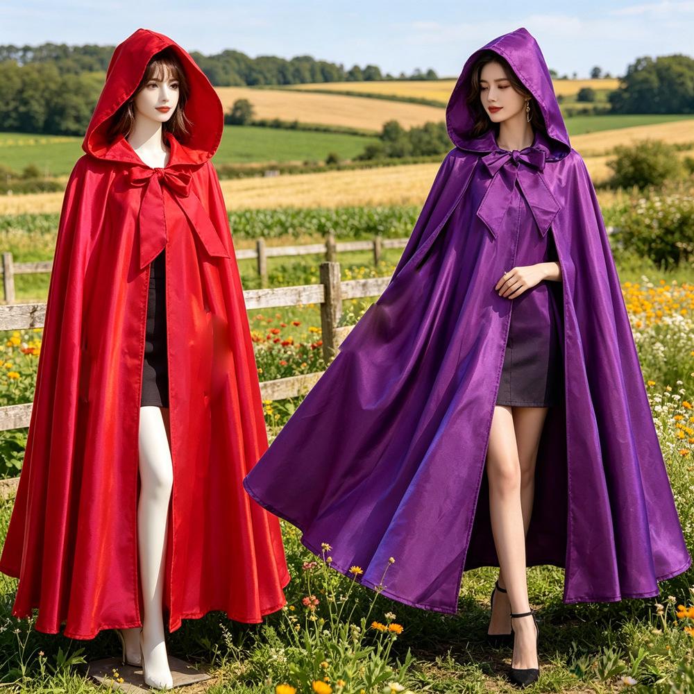 Halloween Cape Cloak with Hood for Adults Kids, Cosplay Costume, Tie Neck, Mid-Length Cape, Party Accessory, Magic Wizard Robe, Multipurpose