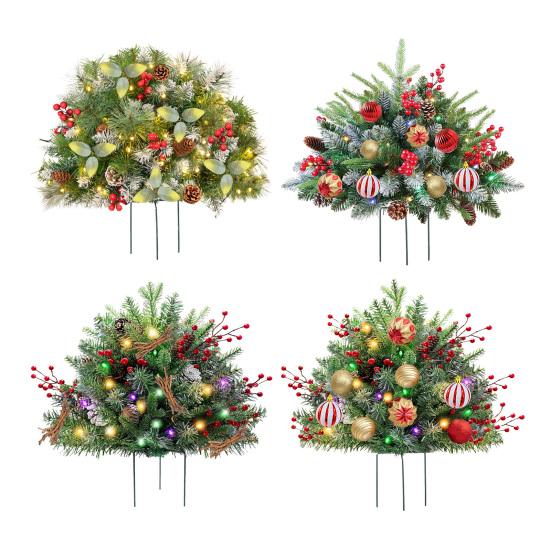 Lighted Artificial Christmas Urn Filler Battery Powered Pre-lit Xmas Pine Trees with LED Lights And Tripod Stake Holiday Planter Filler