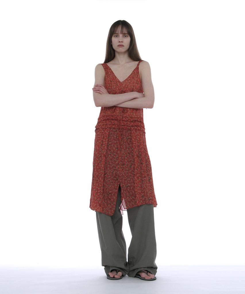 Partimento Woman Floral Pleated Sheer Midi Dress_Red