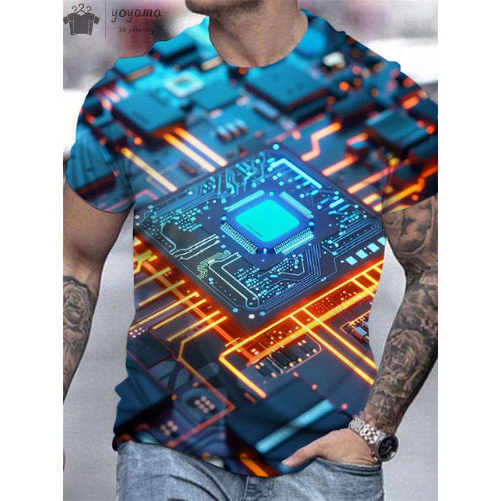 Summer Men Circuit Board Electronic Chip Creative Graphics Fashion Short Sleeve Oversized T-shirt