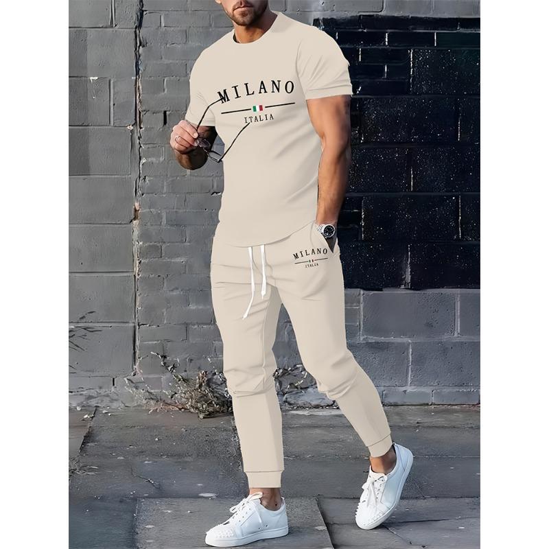 Simple Crown Casual Men's Thin Short-sleeved And Long Pants, Urban Street Casual Men's 2pieces Thin Long Pants Set