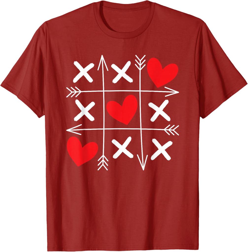Tic Tac Toe Heart Arrows Valentine Day Graphic Tee Soft Cotton Casual T-Shirt for Men and Women