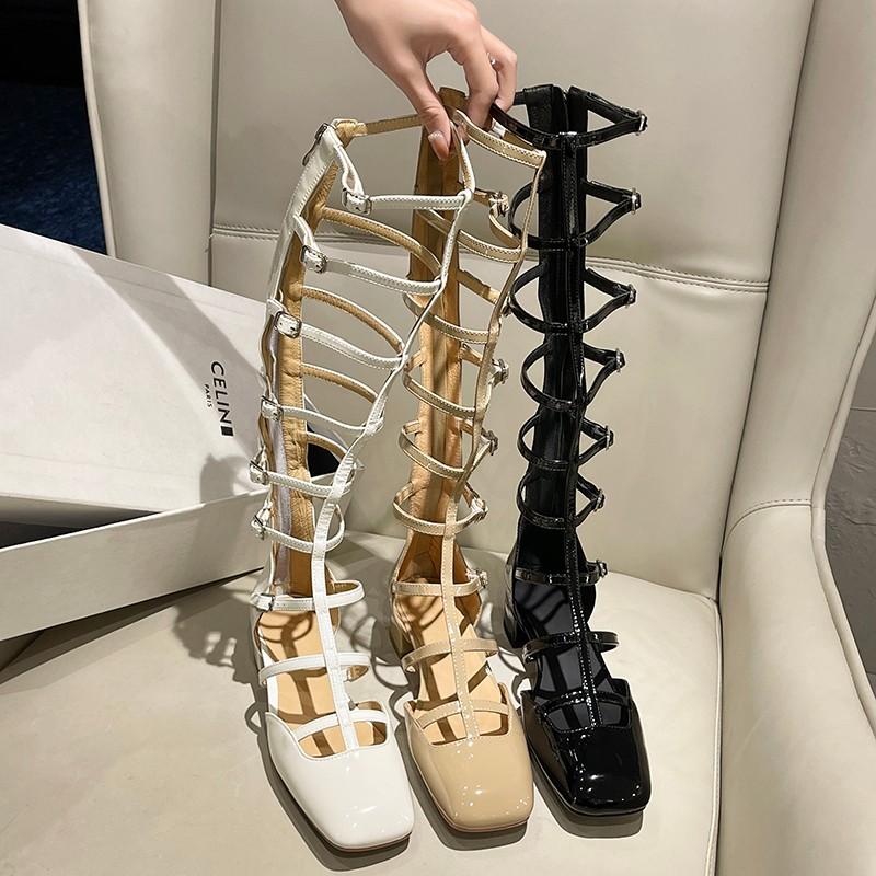 Módní přezkové gladiátorky dámské sandály na vysokém podpatku vysoké ke koleni dámské letní boty na zip černá kůže