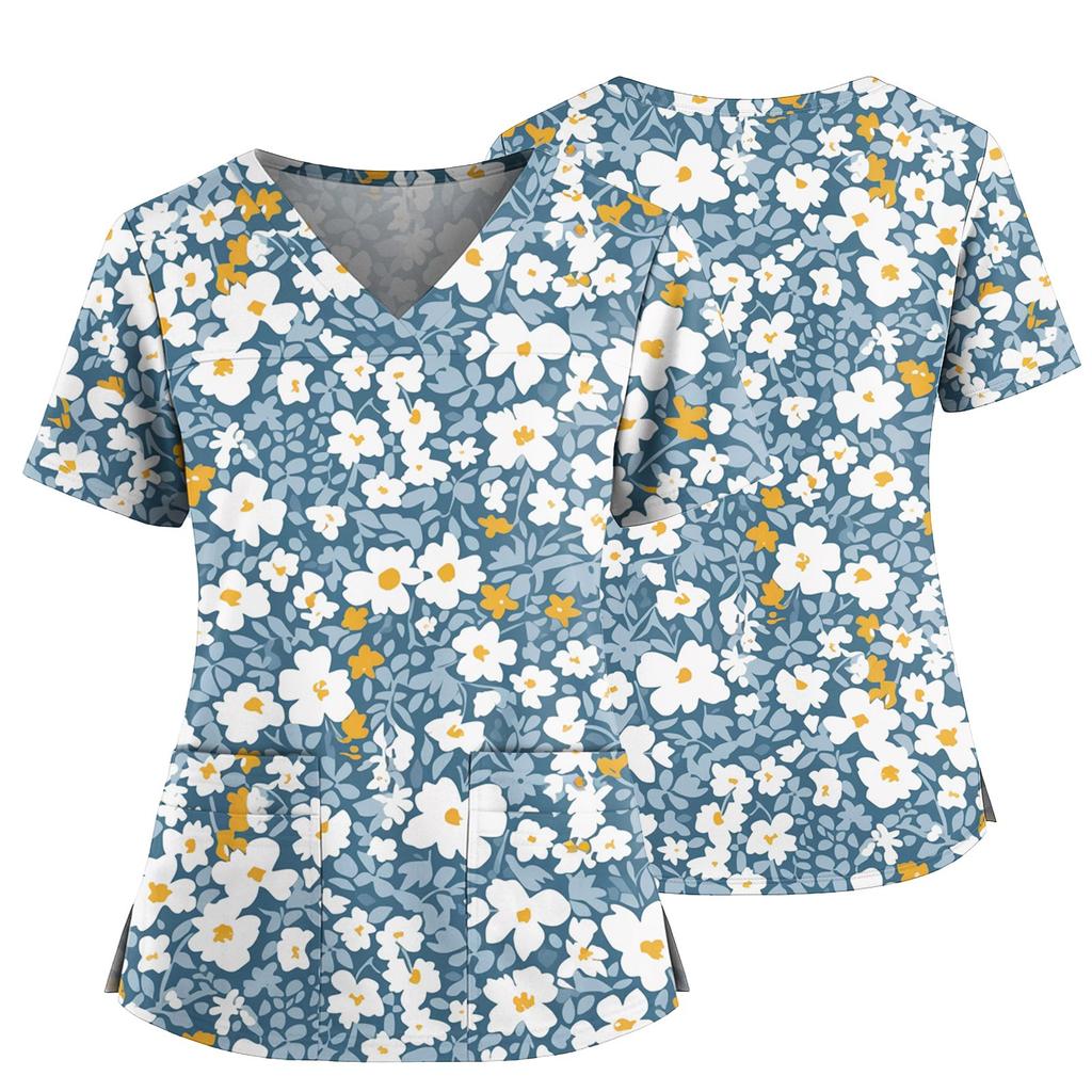 Women's Casual Printed V-Neck Pocket Side Slit Short Sleeved Top Short Sleeved Top