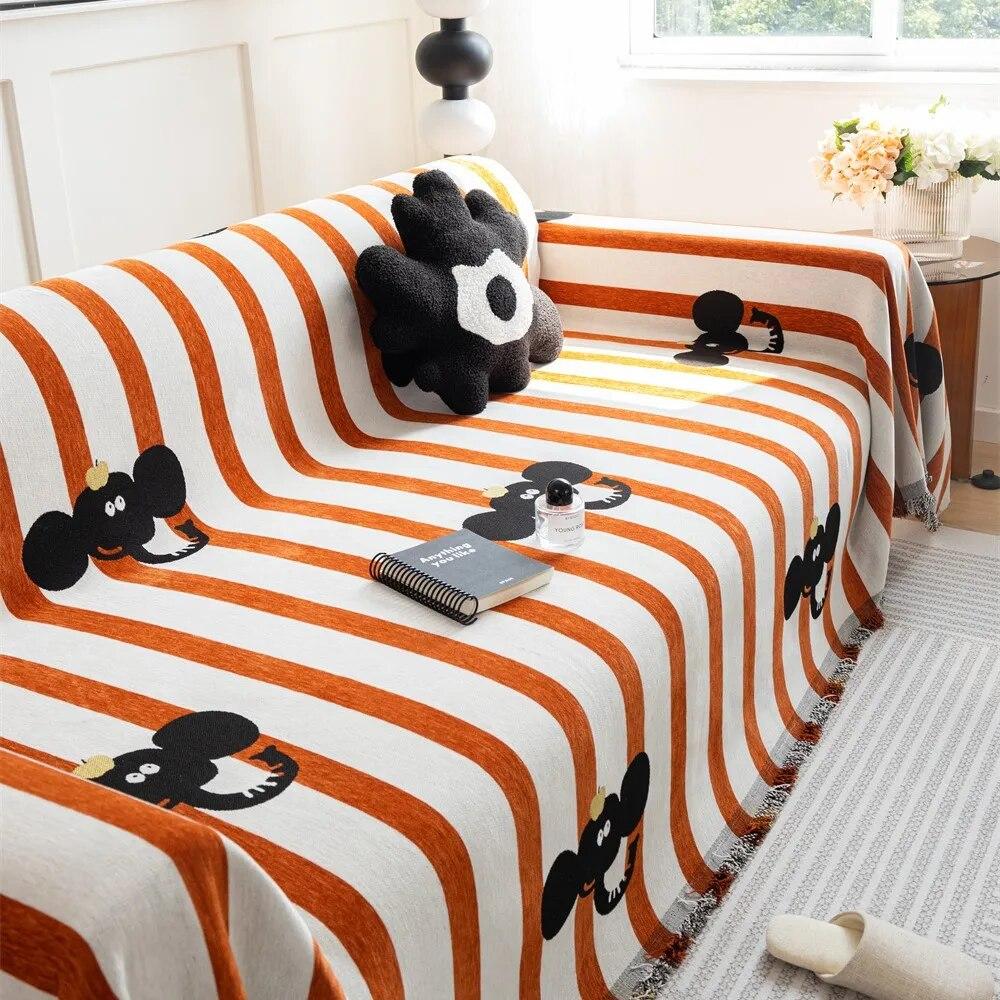 Cartoon Elephant Sofa Cover Sofa Towel Chenille Color Stripe Couch Cover Pet Mat Living Room Sofa Slipcover Throw Blanket