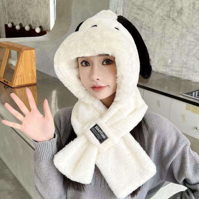 Cute Puppy Long Ears Plush Hat Scarf Integrated Female Autumn and Winter Show a Small Face Warm Two-piece Set