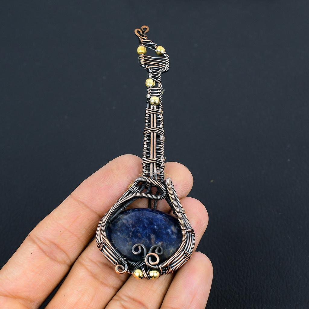 Natural Guitar Sodalite Gemstone Handmade Copper Wire Wrap Pendant 4.53 O0K02