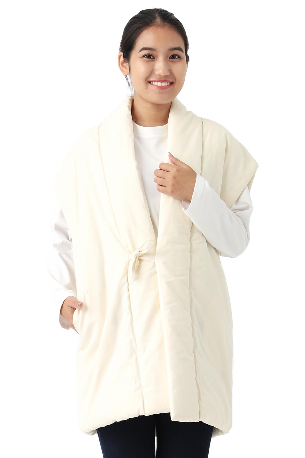 

[TAYU-TAFU] Miyata Orimono Mountain Range Hanten Long Poncho Sleeveless Women s Kurume Weave Made in Japan (Mountain Range Beige)