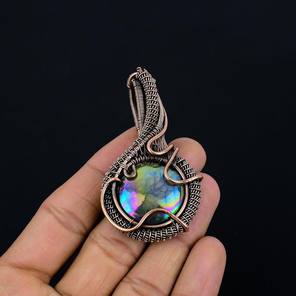 Aura Shell Labradorite Pendant Gemstone Handmade Jewelry, 999 Copper Wire Wrapped Pendant, Gift For Wife Jewelry