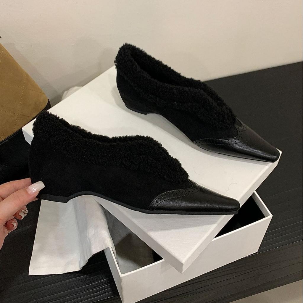 2025 New Inner Slope Heel Fluffy Splicing Thick Heel Carved Fleece Warm Women's Commuter Women's Single Shoes