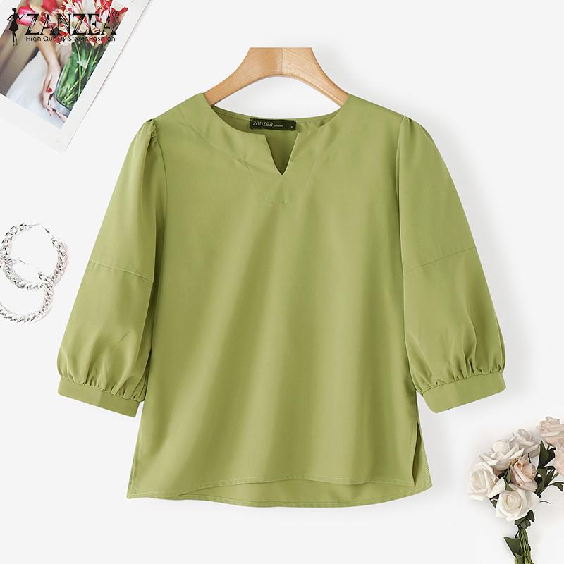 ZANZEA Women Casual V-Neck Solid Color Summer 3/4 Sleeve Blouse
