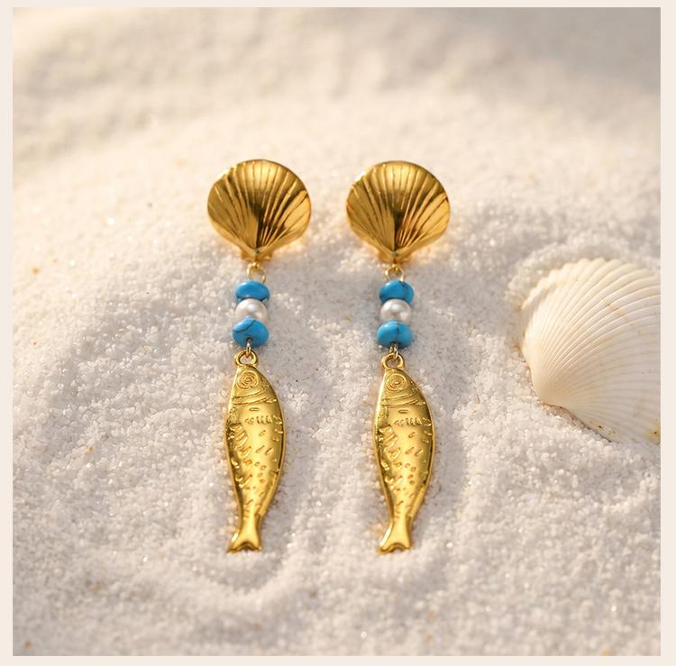 Stainless Steel Fish Drop Earrings for Women Gold Color Shell Turquoise Pearl Vintage Ocean Beach Jewelry Waterproof