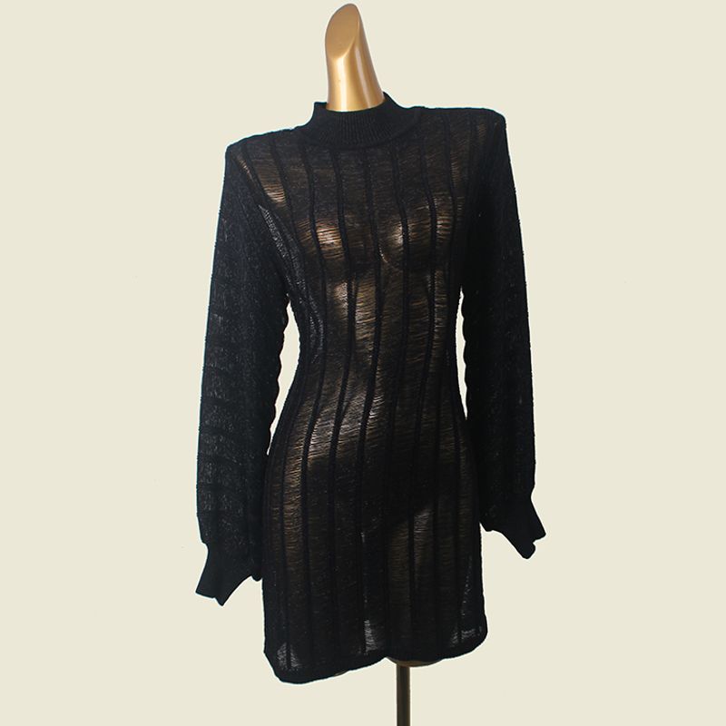 

French Style Classy Cut Out Half Turtleneck Dress Export Accessible Luxury Lantern Sleeve Sexy Temperament Knitting Evening Dress Black S