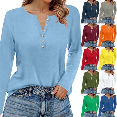 Women's T Shirt Solid Color Button Long Sleeve Daily Weekend Fashion Basic V- Neck Regular Top