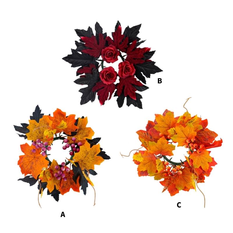 Fall Maple Leaf Candle Wreaths Pack of 5 Tealight Candle Holders Rings for Halloween Parties Table Centerpieces Decors