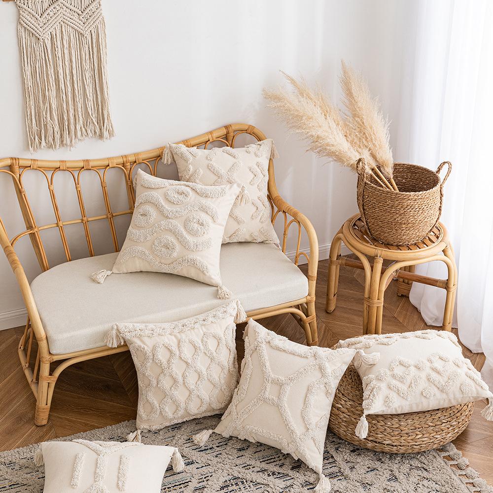 

Knitted Textured Pillow Case Ins Style Handmade Three-dimensional Embroidered Tassel Cushion Wasaki Home Sofa Pillow 45 * 45cm without core