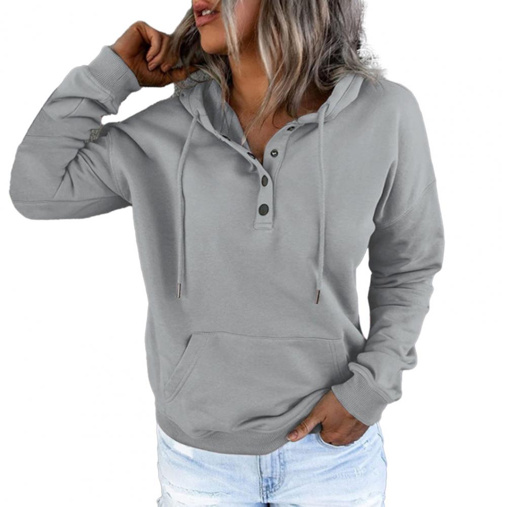 

Женская толстовка с капюшоном на осень-зиму с длинным рукавом, свободный пуловер с большим карманом, декором на пуговицах, шнурком, повседневная мягкая теплая с капюшоном, эластичные манжеты для женщин XXXL серый