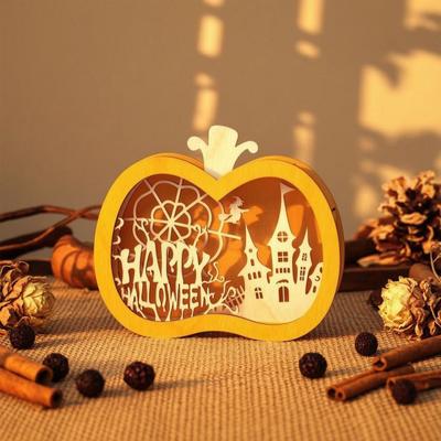 Halloween Wooden Lighted Pumpkin for Tabletop, Spooky Pumpkin Lantern Shadow Box for Halloween Party, Dinning, Coffee Table Decoration