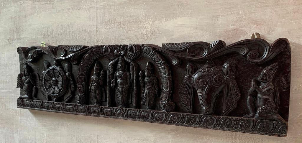 Hand Carved Wooden Tirupati Balaji Wall Panel: Hindu God Decor