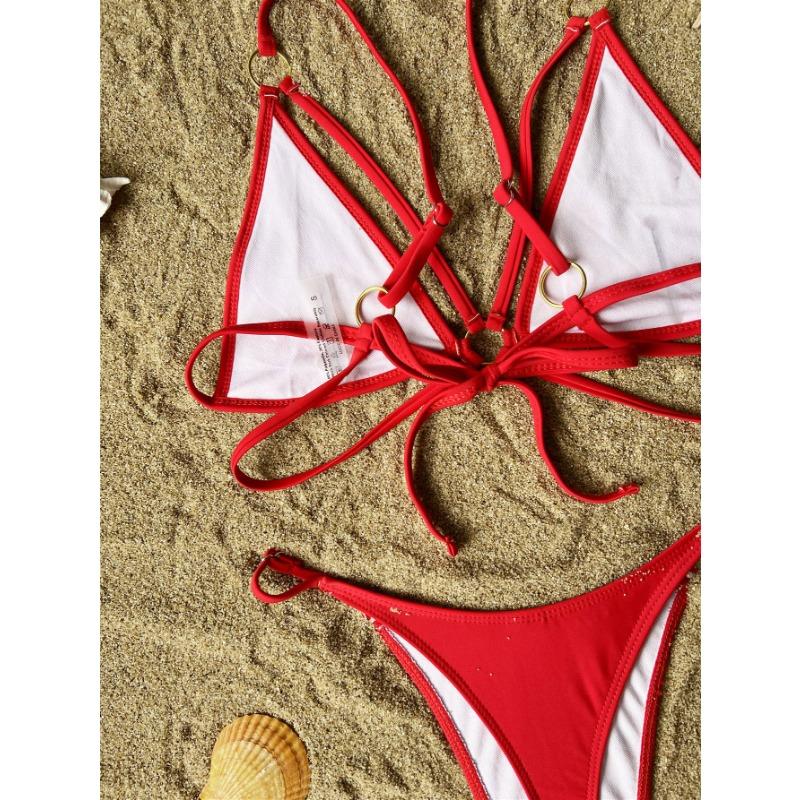 Solid Color Strappy Backless Sexy Women Two Piece Bikini Swimwear
