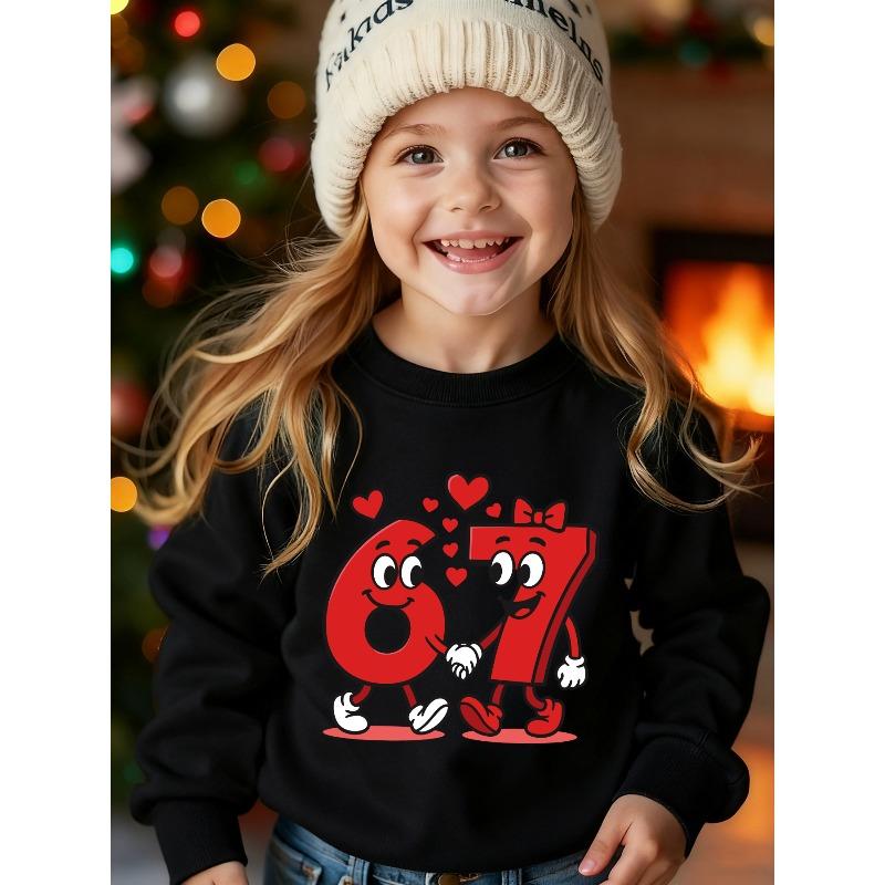 Unisex Kids White Crewneck Sweatshirt For 4-12 Girls Cartoon Number 6 And 7 Holding Hands Bow Red Heart Cute Character Print Soft Long Sleeve Pullover 110 чёрный