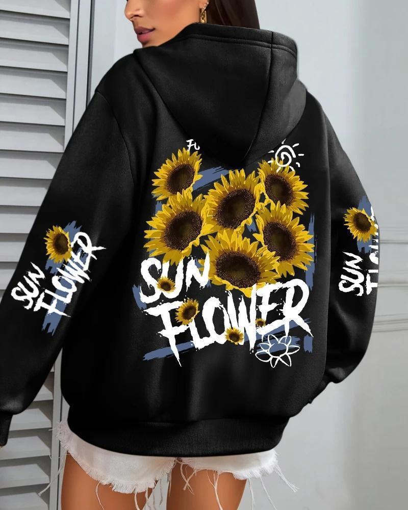Damen Hoodie mit Sonnenblumen-Graffiti-Print, lockere Passform, mit Taschen