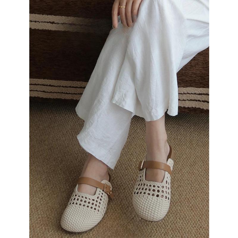 Retro Shoes Woven Toe Caps Half-slipper Women's Perforated Breathable Sandals
