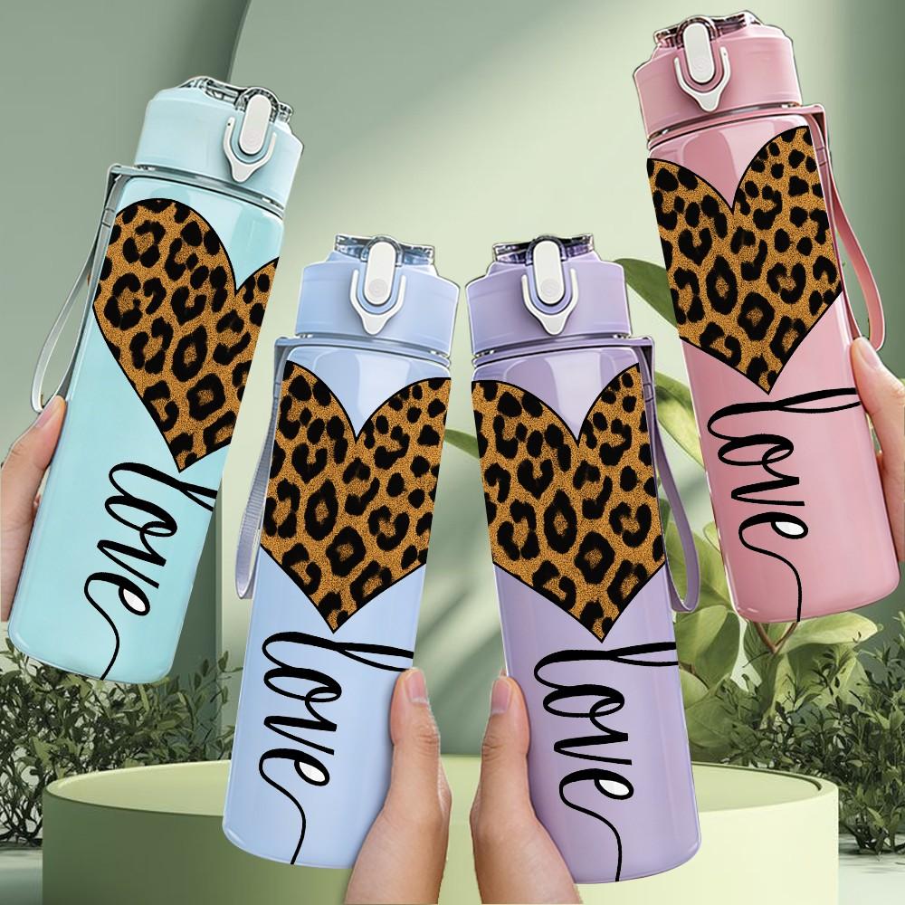 1PC Leopard Heart Love Line Art Print 750ml Color Plastic Sports Water Bottle Leakproof Flip Straw Lid Suitable for Sports Office Home Use