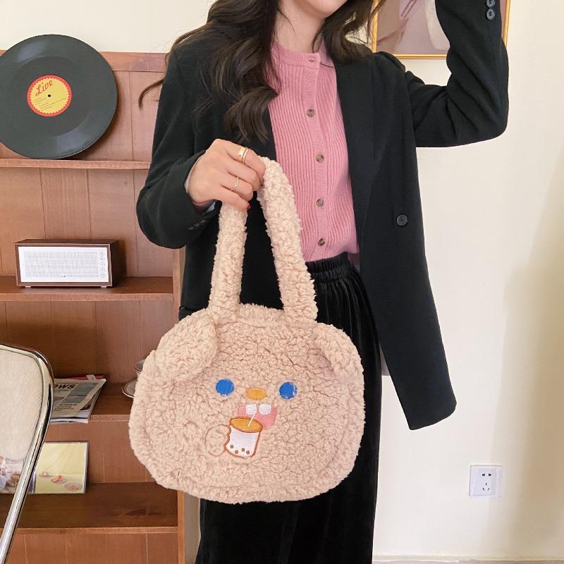 02 Cute Lamb Plush Bear Ears Handbag Sweet Versatile Student Class Handbag