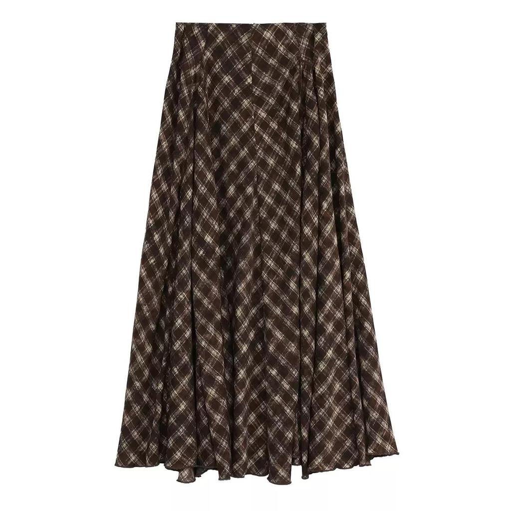 Korean Style Retro Plaid Long Swing Skirt - Women's High Waist, Lightweight, Drapey Midi Skirt