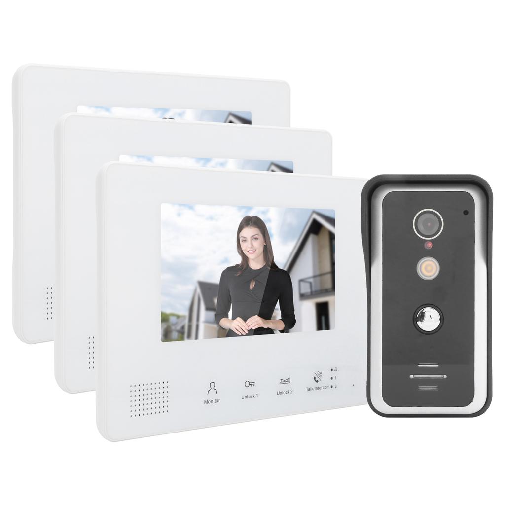 2?Wire System Video Doorbell Kit 7in TFT LCD 3 Monitors Clear Night Vision Home Intercom 100?240V