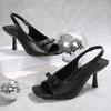 Fashion Elegant Bowknot Decoration Solid Black Pu Sandals Women 2025 Summer High Heel Peep Toe Sandals Fashion Back Strap Party Shoes