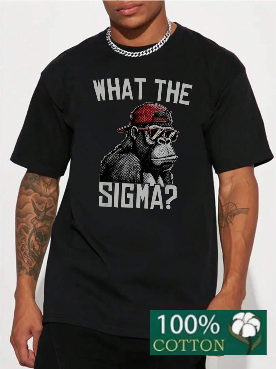 

Men s 100% Cotton Oversized Sigma Monkey Graphic T-Shirt - Funny What The Sigma Streetwear Tee S разноцветный