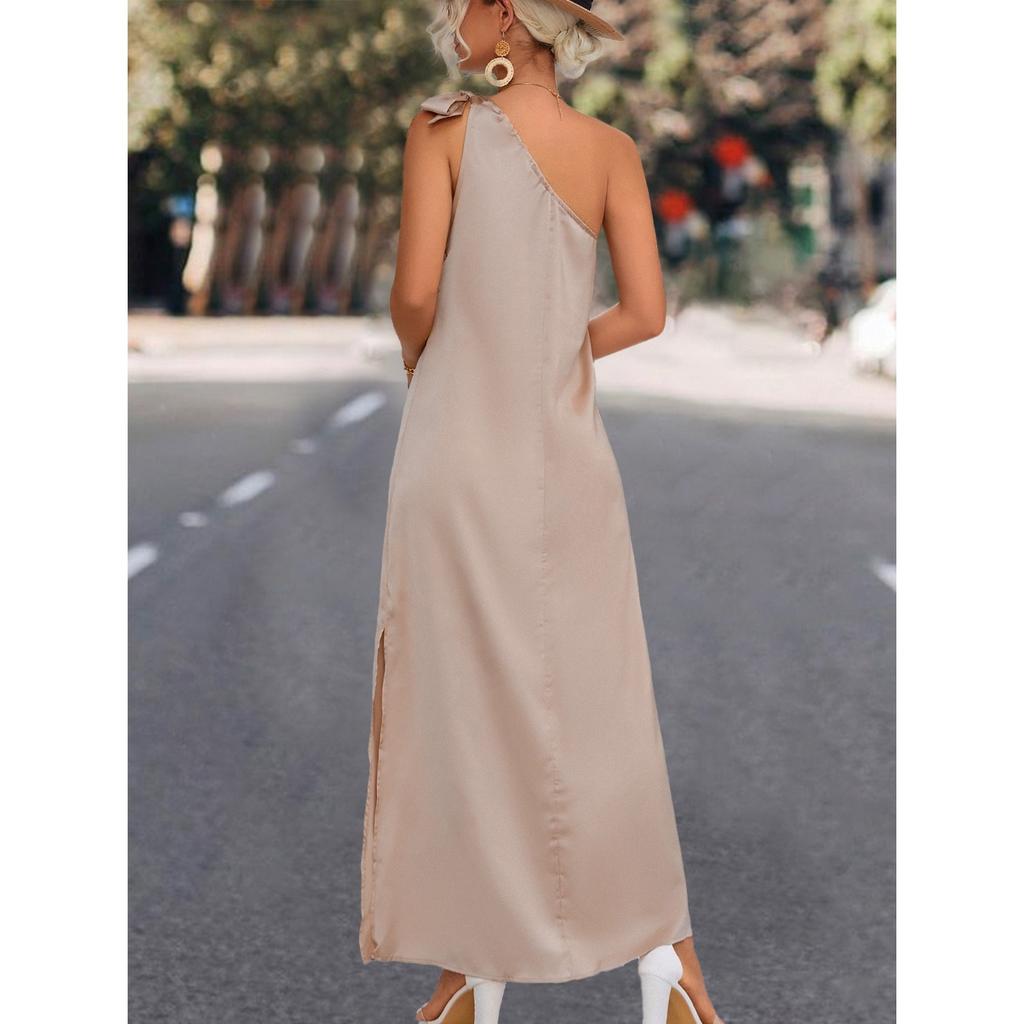 QICED Frühling Sommer Einfarbiges Drucken Ärmelloses Kleid mit Einer Schulter und schrägen Trägern