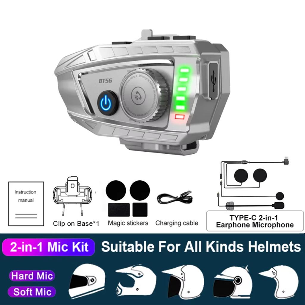 BT56 2-in-1 Mic Motorcycle Helmet Headset Bluetooth 5.4 Handsfree Wireless Noise Reduction Waterproof Earphone with Rhythm Light