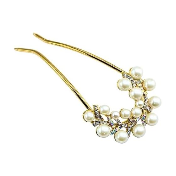 Miaomyao U-Shaped Hairpin Hair Stick Japanese Kimono Yukata Simple Pearl Hair Comb Hair Accessories Gold Flower Motif Cubic Zirconia Resin Pearl