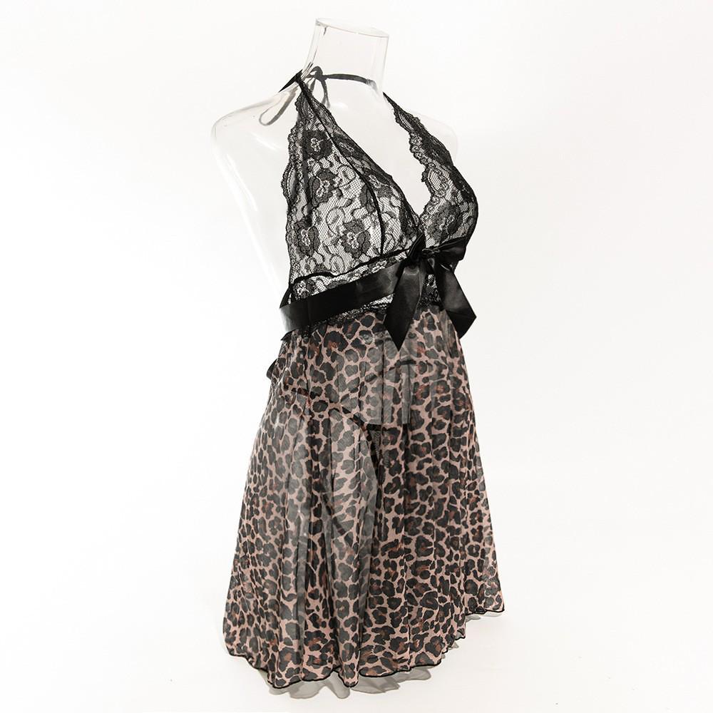 Lace Trim Leopard Print See-Through Patchwork Nightgown