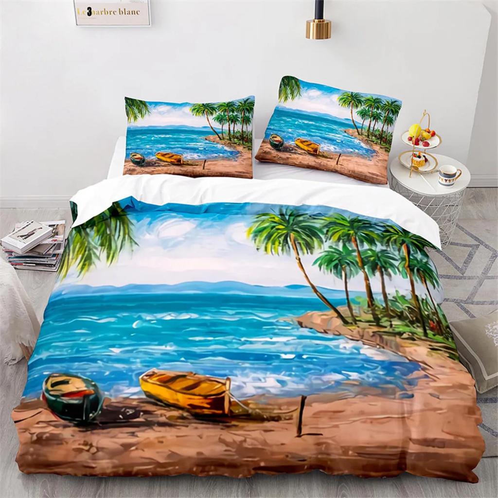 Oil Painting Duvet Cover Abstract Art Print Boat Sunset Animals And Plants Microfiber Landscape Tree Bedroom Decoration Children