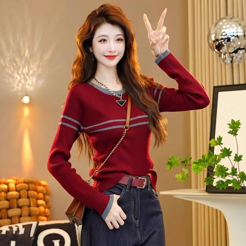 Autumn new long-sleeved slim-fitting sweater crew neck striped splicing knitted sweater women's inner lining looks thin