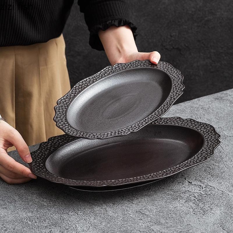 Black Honeycomb Textured Ceramic Fish Plate Creative Sushi Plate Barbecue Plate Salad Plates Restaurant Specialty Tableware
