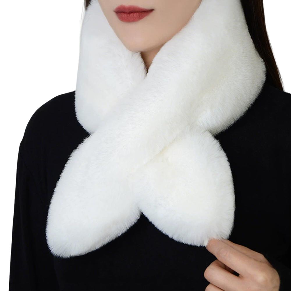 Faux Rabbit Fur Collar Scarf, Winter Warm Soft Fluffy Plush Cross Scarf, Cross Neck Warmer Faux Fur Collar for Matching Sweaters