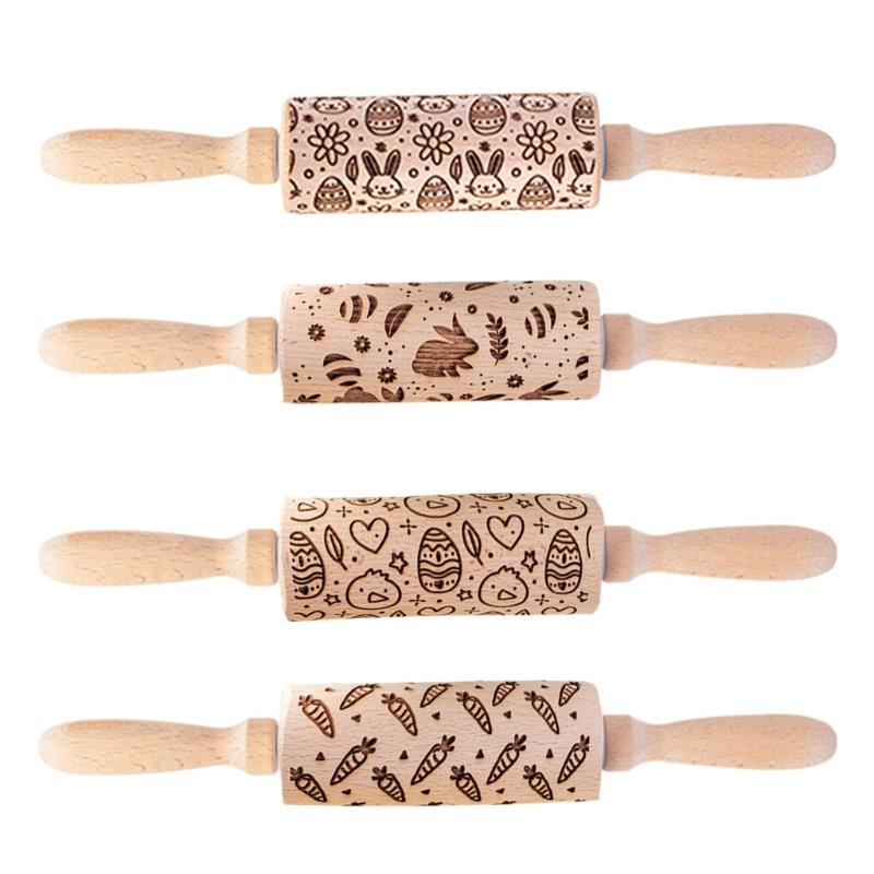 Easter Pattern Rolling Pin Rabbits Carrot Engraved Solid Wood Embossed Cookie Rolling Pin Pastry Dough Flour Roller