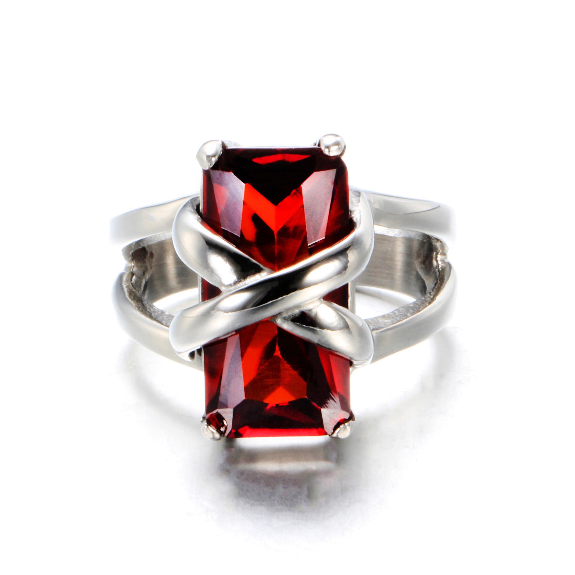 European-American Stainless Steel Cross Ring with Red Gemstone, 18MM Retro Style Size 7