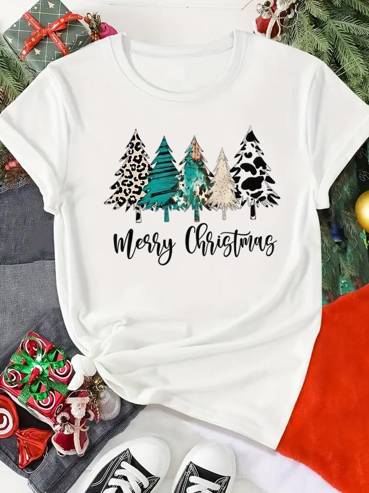 (Asian Size) Print merry Christmas o-neck Women's Top new year T Clothing tree sweet 90s  Short Sleeve T-shirts Fashion holiday Graphic Tee