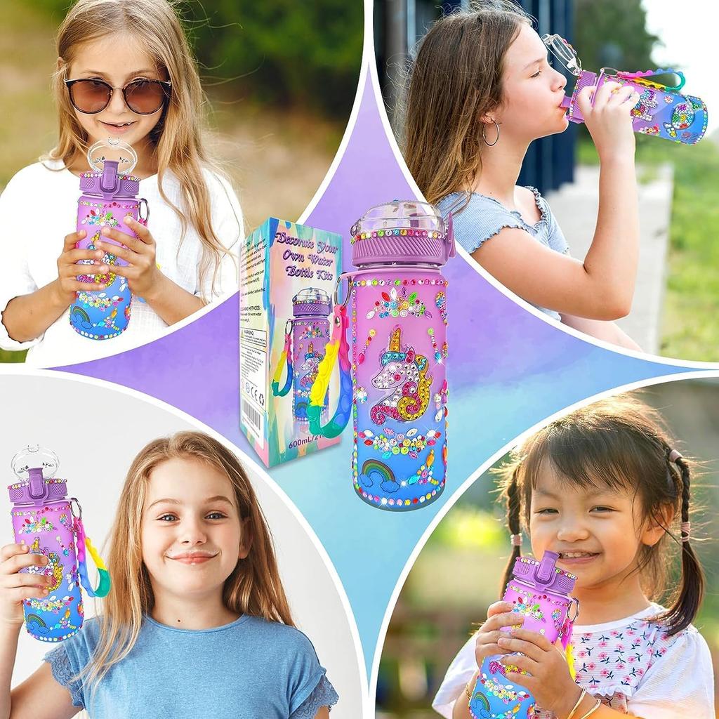 Creative DIY Gemstone Kids Water Bottle 600ml Rainbow Unicorn for School & Outdoor, Holiday Gift for Boys Girls Age 4-6-8-10, Multicolor